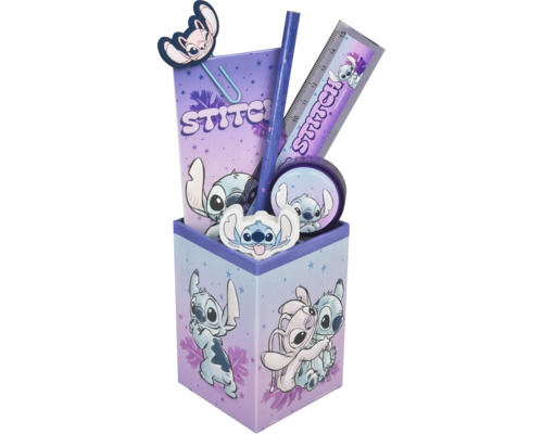 Schreibtisch-Set mit Lineal, Stift, Radiergummi, Spitzer, Notizblock und Büroklammer mit Stitch-Motiv