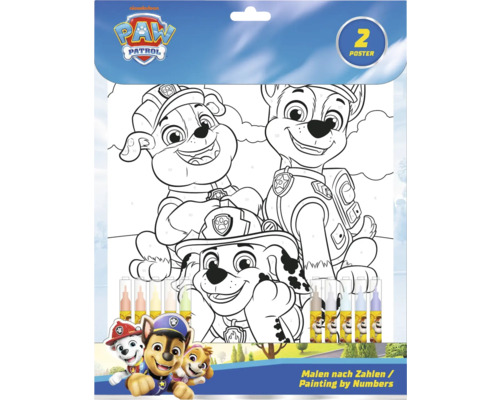 Malen nach Zahlen Set mit zwei Postern zum Ausmalen von Paw Patrol Charakteren.