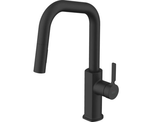 Schwarze Küchenarmatur mit hohem Auslauf und herausziehbarer Brause
