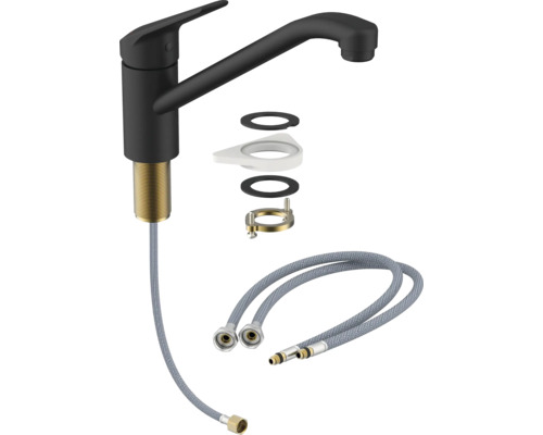 Küchenarmatur in Schwarz mit flexiblen Anschlussschläuchen und Befestigungsmaterial