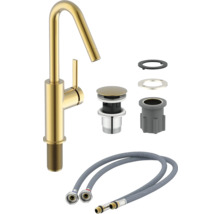 Goldfarbene Waschtischarmatur mit Ablaufgarnitur und Anschlussschläuchen