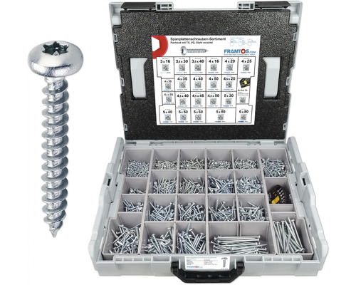 Spanplattenschrauben Sortiment mit Torx Antrieb und verzinktem Stahl in einem Sortierkasten