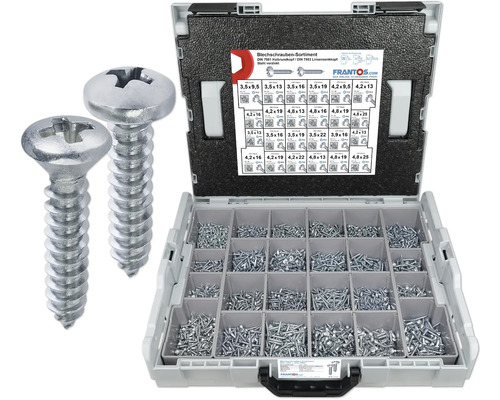 Sortiment verzinkter Blechschrauben in Sortierbox