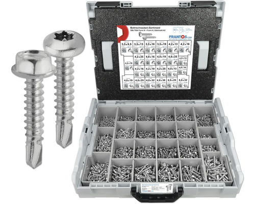 Sortiment an Bohrschrauben aus Edelstahl A2 nach DIN 7504 Form N und Form K in Sortierbox