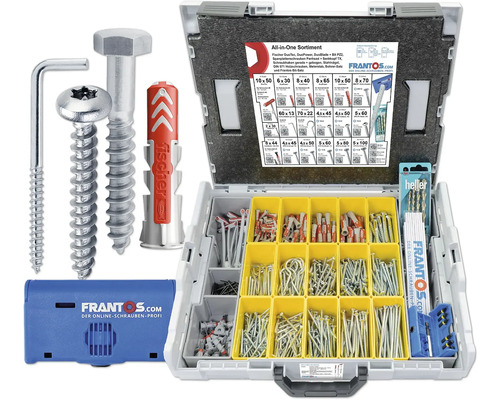Frantos All-in-One Sortiment mit Schrauben, Dübeln und Bohrern in einem Sortimentskoffer