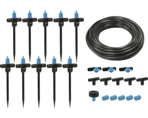 Tropfbewässerungsset mit Regulierhähnen, Verbindungsstücken und Schlauch