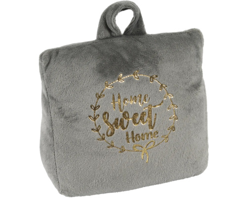 Grauer Türstopper mit dem Schriftzug Home Sweet Home und Trageschlaufe