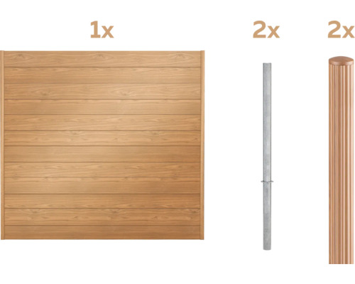 Ein Holzzaunfeld, zwei Metallpfosten und zwei Abdeckkappen für Pfosten