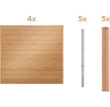 Vier Holzzaunelemente, fünf Metallpfosten und fünf Pfostenkappen.