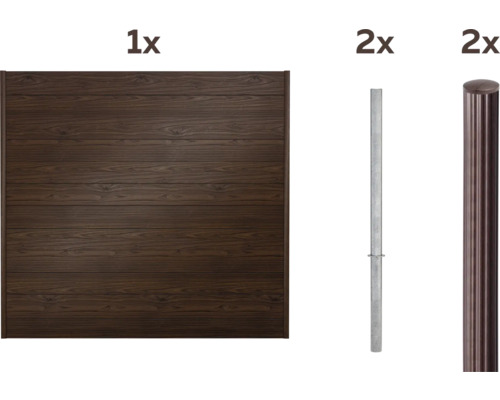 Ein Holzzaunfeld, zwei Metallpfosten zum Einbetonieren und zwei Abdeckkappen für Zaunpfosten