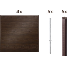 Vier Holzzaunelemente, fünf Metallzaunpfosten und fünf Zaunpfosten mit Abschlusskappe