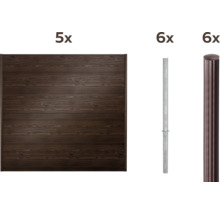 Zaunelement aus Holz mit sechs Pfosten aus Metall und sechs Pfosten mit Abdeckung