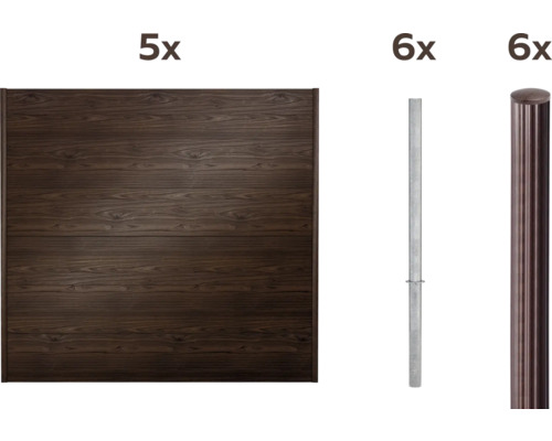 Zaunelement aus Holz mit sechs Pfosten aus Metall und sechs Pfosten mit Abdeckung