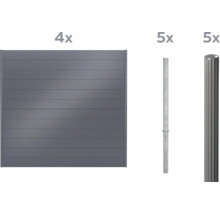 Vier graue Zaunelemente und zehn Zaunpfosten aus Metall