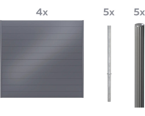 Vier graue Zaunelemente und zehn Zaunpfosten aus Metall