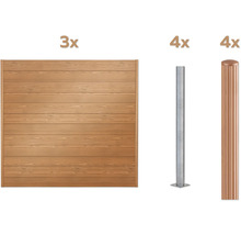 Drei Holzzaunelemente, vier Metallpfosten und vier Pfosten mit Abdeckung