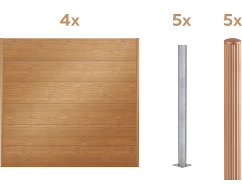 Vier Holzzaunelemente und zehn Zaunpfosten
