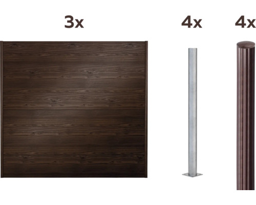 Drei Holzzaunelemente, vier Stahlpfosten und vier Zaunpfosten mit Abschlusskappe