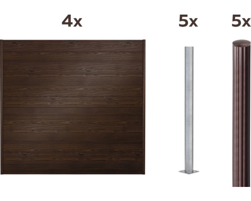 Vier Holzzaunelemente und zehn Zaunpfosten