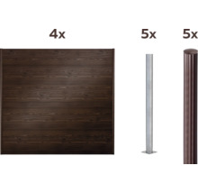 Vier Holzzäune und zehn Zaunpfosten aus Metall