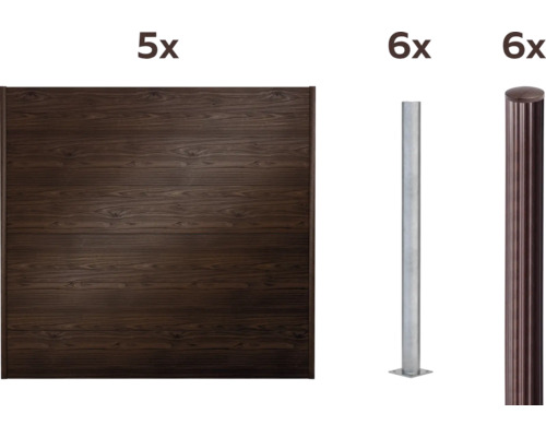 Komplettzaun-Set bestehend aus fünf Zaunelementen, sechs Zaunpfosten und sechs Abdeckkappen