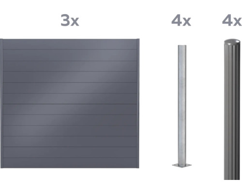 Elemente für einen Zaun: drei Zaunelemente und vier Zaunpfosten