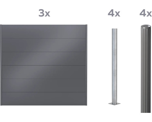 Drei Zaunelemente und vier Zaunpfosten für den Gartenzaun