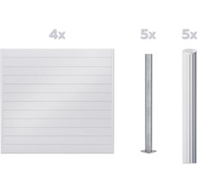 Vier Zaunelemente und fünf Zaunpfosten aus Metall