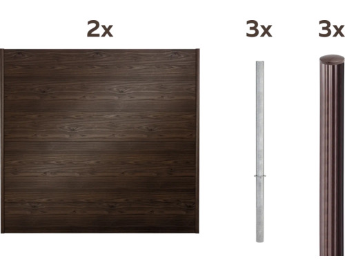 Zwei Zaunelemente, drei Zaunpfosten aus Metall und drei Zaunpfosten mit geriffelter Oberfläche.
