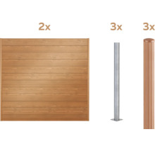Zaunelement aus Holz, Stahlpfosten und Zierleisten für den Garten