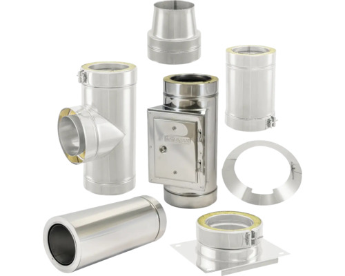 Verschiedene Elemente eines Abgassystems aus Metall.