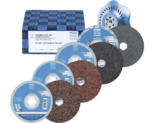 PFERD COMBICLICK-Set CC-SET 125 Millimeter Finish und Polish mit verschiedenen Vliesscheiben und einem Stützteller.