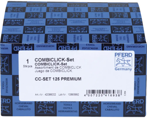 PFERD COMBICLICK-Set CC-SET 125 PREMIUM in einer Kartonverpackung mit Produktinformationen, Barcode und PFERD Logo.