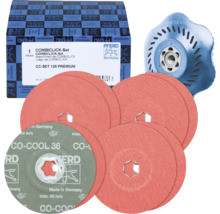 PFERD COMBICLICK-Set CC-SET 125 PREMIUM mit Fiber-Schleifscheiben, einem Stützteller und der Originalverpackung.