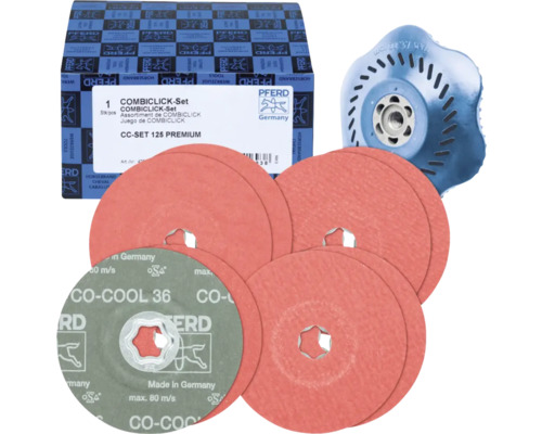 PFERD COMBICLICK-Set CC-SET 125 PREMIUM mit Fiber-Schleifscheiben, einem Stützteller und der Originalverpackung.