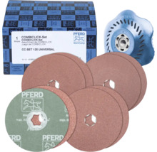 PFERD CombiClick Set 125 Millimeter Universal mit mehreren Schleifscheiben und einem blauen Stützteller.
