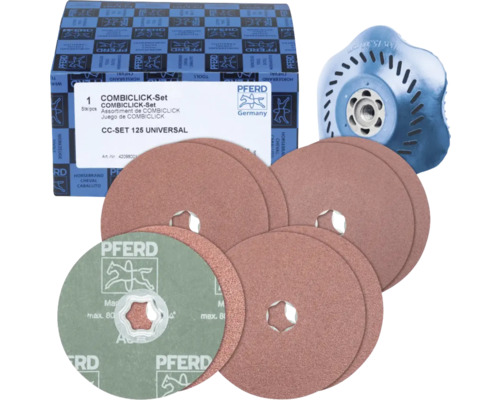 PFERD CombiClick Set 125 Millimeter Universal mit mehreren Schleifscheiben und einem blauen Stützteller.