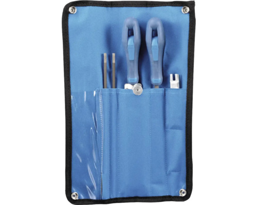 Werkzeugsatz in einer blauen Rolltasche mit verschiedenen Werkzeugen