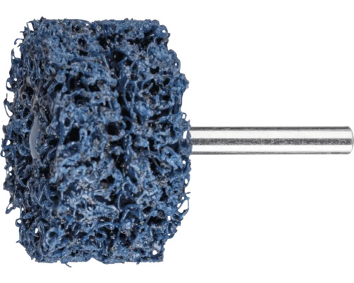 Blaue Reinigungsvliesbürste mit Metallschaft zum Entfernen von Rost und Lack.