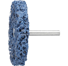 Blaue Grobreinigungsscheibe mit Metallschaft für Bohrmaschinen zur Oberflächenbearbeitung.