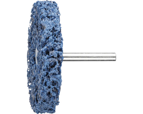 Blaue Grobreinigungsscheibe mit Metallschaft für Bohrmaschinen zur Oberflächenbearbeitung.