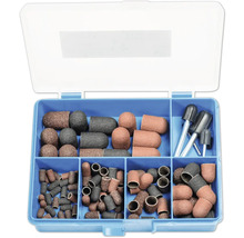 Schleifset für Multifunktionswerkzeuge in blauer Sortimentbox mit verschiedenen Schleifbändern und Aufnahmedornen.