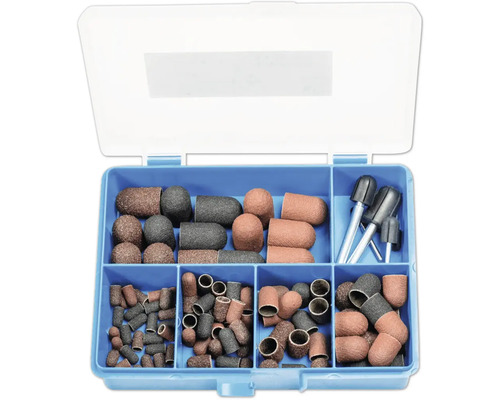 Schleifset für Multifunktionswerkzeuge in blauer Sortimentbox mit verschiedenen Schleifbändern und Aufnahmedornen.