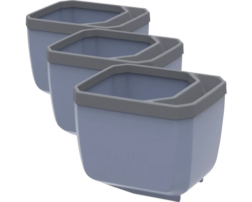 Drei blaue Pflanzgefäße mit grauem Rand in einer Reihe