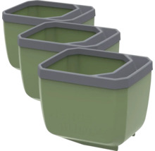 Drei grüne Pflanzkästen aus Kunststoff mit grauem Rand