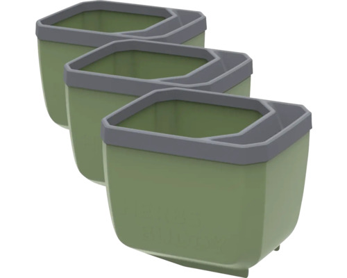 Drei grüne Pflanzkästen aus Kunststoff mit grauem Rand