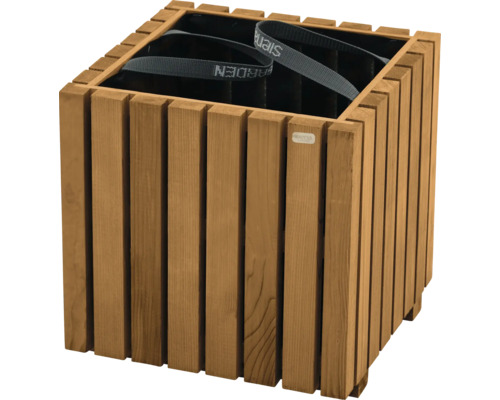 Quadratischer Pflanzkasten aus Holz mit Tragegurten