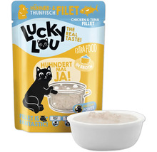 Lucky Lou Hühner- und Thunfischfilet Katzenfutter Packung und Schale