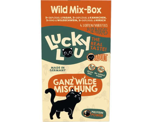 Lucky Lou Wild Mix-Box Katzenfutter mit Geflügel, Fasan, Kaninchen, Rind, Wildschwein und Hirsch, 12 Portionsbeutel