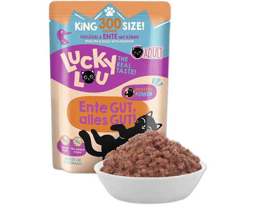 Lucky Lou Nassfutter für ausgewachsene Katzen mit Geflügel, Ente und Kürbis, 300 Gramm
